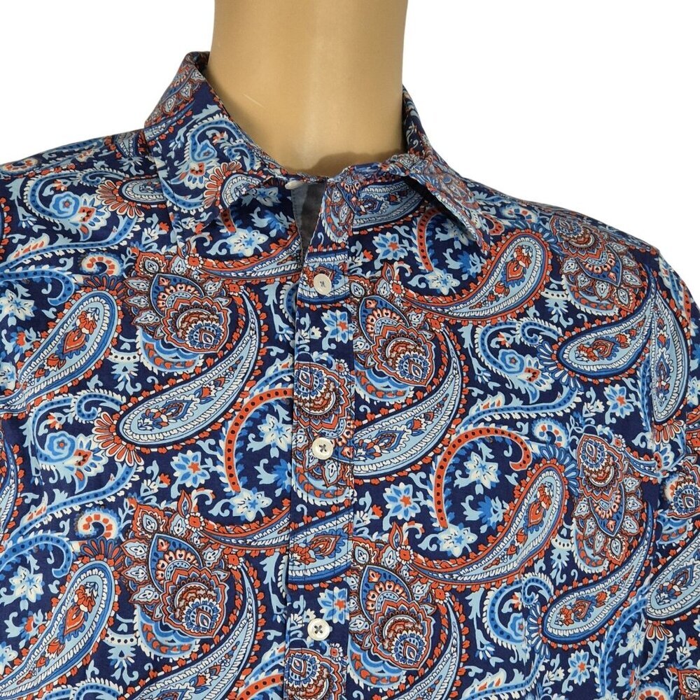 CREMIEUX PREMIUM DENIM Mens Size L Paisley Shirt Stretch Blue Short Sleeve [46]